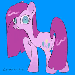 Size: 4096x4096 | Tagged: safe, artist:metaruscarlet, pinkie pie, earth pony, pony, g4, blue background, looking at you, looking back, looking back at you, pinkamena diane pie, raised hoof, simple background, smiling, smiling at you, solo, teeth