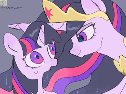 Size: 4096x3072 | Tagged: safe, artist:metaruscarlet, twilight sparkle, alicorn, pony, unicorn, g4, ascension enhancement, crown, duality, glowing, glowing horn, high res, horn, jewelry, lighter coat, looking at each other, looking at someone, older, older twilight, older twilight sparkle (alicorn), open mouth, peytral, princess twilight 2.0, redraw, regalia, self paradox, self ponidox, shocked, simple background, smiling, surprised, sweat, sweatdrop, time paradox, twilight sparkle (alicorn), unicorn twilight