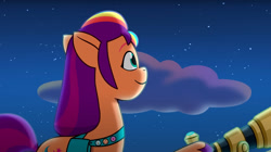 Size: 960x537 | Tagged: safe, screencap, sunny starscout, earth pony, pony, g5, my little pony: tell your tale, written in the starscouts, spoiler:g5, spoiler:my little pony: tell your tale, spoiler:tyts02e11, cloud, female, lighting, looking up, mane stripe sunny, mare, night, night sky, sky, smiling, solo, stargazing, sunny's bag, telescope