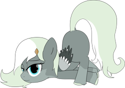 Size: 4558x3214 | Tagged: safe, alternate version, artist:poniidesu, oc, oc only, pegasus, pony, blank flank, blue eyes, cute, face down ass up, female, filly, foal, folded wings, gray coat, hairclip, hooves, long hair, long mane, long tail, looking at you, scootie belle, simple background, solo, tail, transparent background, two toned mane, unshorn fetlocks, wings