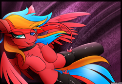 Size: 2000x1383 | Tagged: safe, artist:andaluce, oc, oc:gaffy, pegasus, bed, chest fluff, clothes, collar, cute, ear fluff, hockless socks, lying down, ocbetes, smiling, socks, solo, spread wings, wings