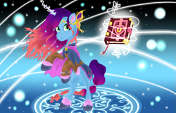 Size: 1253x802 | Tagged: safe, artist:bluestar386, misty brightdawn, butterfly, pony, unicorn, g5, accessory, alternate dimension, alternate hairstyle, book, braid, clothes, dreadlocks, female, glowing, glowing horn, horn, levitation, mage, magic, magic aura, magic book, magic circle, magical girl, mare, rebirth misty, solo, space, spellbook, telekinesis