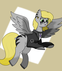 Size: 1440x1658 | Tagged: safe, artist:fleiiha, artist:thomas.senko, oc, oc:goya nova, pegasus, pony, zebra, blonde, clothes, female, flying, gem, gray skin, green eyes, happy, jacket, smiling, white belly