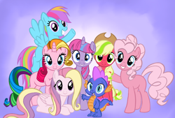 Size: 894x605 | Tagged: safe, artist:primrosedinocat, edit, applejack (g3), fluttershy (g3), master kenbroath gilspotten heathspike, pinkie pie (g3), rainbow dash (g3), rarity (g3), twilight twinkle, dragon, earth pony, pegasus, pony, unicorn, g3, g4, cute, fangs, female, flying, folded wings, g3 dashabetes, g3 diapinkes, g3 jackabetes, g3 raribetes, g3 shyabetes, g3 spikabetes, g3 to g4, g3 twiabetes, g3 twilicorn, generation leap, grin, group, hat, horn, looking at you, lying down, male, mare, open mouth, open smile, pegasus fluttershy (g3), pegasus rainbow dash (g3), prone, race swap, raised hoof, recolor, septet, smiling, spread wings, tail, wings