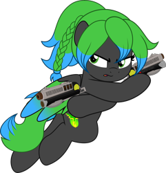 Size: 8704x9011 | Tagged: safe, artist:jhayarr23, oc, oc only, oc:solar aura, pegasus, fallout equestria, action pose, braid, colored wings, commission, commissioner:solar aura, dual wield, fallout, gradient wings, green eyes, green mane, green tail, laser pistol, pegasus oc, ponytail, simple background, solo, tail, transparent background, wings