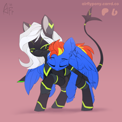 Size: 1600x1600 | Tagged: safe, artist:airfly-pony, oc, oc only, oc:wing hurricane, oc:xfa-21 jane, pegasus, pony, 2021, elepatrium, elepatrium universe, eyebrows, eyeshadow, female, folded wings, glowing, glowing eyes, long tail, looking at someone, lying, makeup, male, mecha (elepatrium), patreon, patreon reward, raised eyebrow, raised hoof, raised tail, short hair, short mane, short tail, sleepy, smiling at someone, tail, universe elepatrium, wings