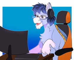 Size: 2048x1647 | Tagged: safe, artist:diethtwoo, oc, oc only, oc:soaring spirit, pegasus, pony, accessory, armor, chair, chest fluff, coat markings, colored ears, colored hooves, gaming chair, gaming headset, glasses, headset, hooves, keyboard, male, monitor, multicolored hair, multicolored mane, office chair, pegasus oc, raffle prize, socks (coat markings), solo, stallion, wing armor, wing brace, wings