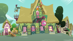 Size: 3290x1823 | Tagged: safe, artist:vector-brony, g4, background, building, door, flower, flower shop, no pony, outdoors, ponyville, potted plant, resource, tree, wheelbarrow, window