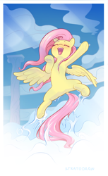 Size: 1598x2605 | Tagged: safe, artist:stratodraw, fluttershy, pegasus, pony, g4, sonic rainboom (episode), cheering, cute, eyes closed, featureless crotch, female, flying, mare, open mouth, open smile, outdoors, passepartout, scene interpretation, shyabetes, smiling, solo, spread legs, spreading, underhoof