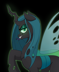 Size: 1341x1644 | Tagged: safe, artist:nightlyblossom, queen chrysalis, changeling, changeling queen, g4, black background, evil smile, female, lidded eyes, profile, raised hoof, simple background, smiling, solo, tongue out