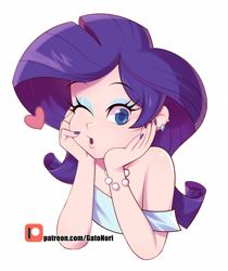 Size: 1446x1723 | Tagged: safe, artist:norithecat, rarity, human, g4, bare shoulders, blowing a kiss, bracelet, bust, clothes, cute, ear piercing, earring, eyeshadow, female, hand on face, heart, humanized, jewelry, light skin, makeup, nail polish, one eye closed, patreon, patreon logo, piercing, portrait, raribetes, shirt, simple background, solo, white background, white dress, wink