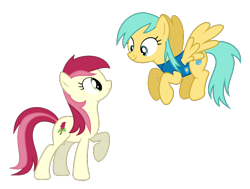 Size: 932x704 | Tagged: safe, edit, vector edit, roseluck, sunshower raindrops, earth pony, pegasus, pony, g4, clothes, female, flying, looking at each other, looking at someone, mare, raised hoof, rosedrops, shipping, simple background, spread wings, transparent background, vector, vest, wings, winter wrap up vest