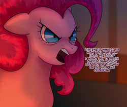 Size: 1280x1081 | Tagged: safe, artist:nightlyblossom, pinkie pie, earth pony, pony, comic:pandemonia equina, g4, angry, comic, implied cheese sandwich, offscreen character, open mouth, solo