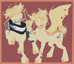 Size: 1500x1300 | Tagged: safe, artist:abbytabbys, part of a set, bat pony, changeling, changepony, hybrid, pony, anime, antagonist, bangs, belt, blonde mane, blonde tail, blush lines, blushing, border, brown background, canister, carapace, changelingified, clothes, colored eyebrows, colored eyelashes, colored hooves, colored pupils, colored wings, cream mane, cream tail, duality, ear tufts, eyebrows, eyebrows visible through hair, facing you, fangs, female, folded wings, hair bun, himiko toga, holes in wings, hooves, lidded eyes, looking at you, looking away, mask, messy mane, messy tail, mouth hold, my hero academia, narrowed eyes, open mouth, open smile, orange eyelashes, orange pupils, passepartout, pink hooves, ponified, quirked pony, raised hoof, scarf, shiny hooves, short mane, short tail, simple background, slit pupils, smiling, smiling at you, solo, species swap, spread wings, standing, syringe, tail, tail bun, teenager, three quarter view, tied mane, tied tail, torn wings, two toned wings, unshorn fetlocks, wall of tags, wings, yellow eyes