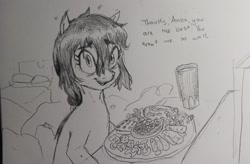 Size: 2048x1341 | Tagged: safe, artist:pony quarantine, oc, oc only, oc:floor bored, earth pony, pony, female, food, looking at you, mare, pencil drawing, solo, talking to viewer, traditional art