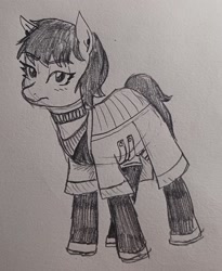 Size: 1851x2254 | Tagged: safe, artist:pony quarantine, oc, oc only, earth pony, pony, clothes, female, grayscale, jacket, lidded eyes, looking at you, mare, monochrome, pen drawing, solo, traditional art