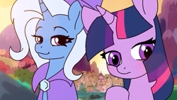 Size: 1267x716 | Tagged: safe, artist:tamers12345, trixie, twilight sparkle, alicorn, pony, unicorn, g4, blushing, duo, duo female, female, horn, lesbian, ms paint, ship:twixie, shipping, smug, twilight sparkle (alicorn)