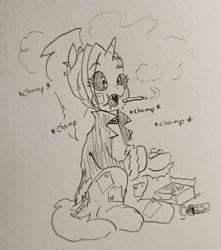 Size: 1809x2048 | Tagged: safe, artist:pony quarantine, oc, oc only, oc:dyx, alicorn, earth pony, chewing, cigarette, eating, eye clipping through hair, eyebrows, eyebrows visible through hair, female, filly, foal, food, grayscale, gum, mare, monochrome, nicotine gum, nicotine patch, onomatopoeia, pencil drawing, puffy cheeks, sitting, smoking, solo, traditional art