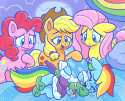 Size: 1630x1315 | Tagged: safe, artist:raystarkitty, applejack, fluttershy, pinkie pie, rainbow dash, tank, earth pony, pegasus, pony, tortoise, g4, tanks for the memories, bed, clothes, crying, dashie slippers, female, hoof on neck, male, mare, rainbow dash's house, scene interpretation, slippers, tank slippers