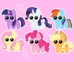 Size: 3615x3055 | Tagged: safe, artist:lipitea, applejack, fluttershy, pinkie pie, rainbow dash, rarity, twilight sparkle, alicorn, earth pony, pegasus, pony, unicorn, g4, autism creature, horn, mane six, pink background, simple background, twilight sparkle (alicorn)