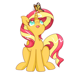 Size: 900x900 | Tagged: safe, artist:sphyrena, sunset shimmer, butterfly, insect, monarch butterfly, pony, unicorn, g4, butterfly on horn, cute, female, happy, horn, insect on someone, looking up, mare, open mouth, open smile, shimmerbetes, simple background, sitting, smiling, solo, white background