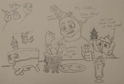 Size: 2856x1957 | Tagged: safe, artist:jargon scott, oc, oc only, balloon pony, cake pony, food pony, human, inflatable pony, object pony, original species, pony, balloon, balloon animal, birthday, birthday cake, birthday candles, cake, drink, food, fork, grayscale, hat, hat pony, human male, male, milkshake, monochrome, party hat, pencil drawing, plate, ponified, poop, sitting, sparkler (firework), stink lines, traditional art