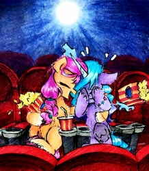 Size: 1826x2096 | Tagged: safe, artist:liaaqila, izzy moonbow, sunny starscout, earth pony, pony, unicorn, g5, adorable distress, bracelet, cinema, commission, cute, duo, duo female, eyes closed, female, food, herbivore, horn, horror movie, hug, indoors, jewelry, lesbian, mare, open mouth, popcorn, scared, scary movie, ship:moonscout, shipping, sitting, traditional art, unshorn fetlocks