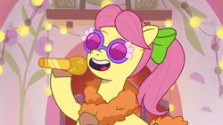 Size: 1920x1080 | Tagged: safe, screencap, posey bloom, earth pony, pony, g5, my little pony: tell your tale, sleepover!!, spoiler:g5, spoiler:my little pony: tell your tale, spoiler:tyts02e18, bow, feather boa, female, glasses, hair bow, mare, microphone, singing, solo, voice actor