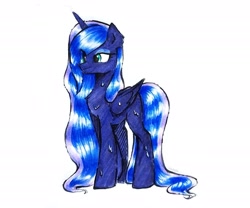 Size: 2501x2081 | Tagged: safe, artist:liaaqila, princess luna, alicorn, pony, g4, eye clipping through hair, female, folded wings, high res, horn, mare, simple background, solo, tail, traditional art, wet, wet mane, wet mane luna, white background, wings