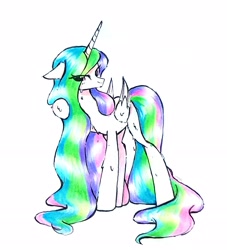 Size: 2082x2293 | Tagged: safe, artist:liaaqila, princess celestia, alicorn, pony, g4, eye clipping through hair, female, folded wings, high res, horn, mare, raised hoof, simple background, solo, tail, traditional art, wet, wet mane, wet mane celestia, white background, wings