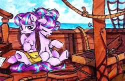 Size: 2315x1508 | Tagged: safe, artist:liaaqila, starlight glimmer, pony, unicorn, fanfic:the olden world, g4, bag, barrel, boat, cloud, commission, duality, duo, duo female, eyes closed, female, horn, mare, ocean, open mouth, raised hoof, rope, self paradox, self ponidox, sitting, sky, traditional art, underhoof, water