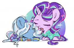 Size: 1619x1049 | Tagged: safe, artist:tieb5, gameloft, starlight glimmer, trixie, pony, unicorn, g4, my little pony: magic princess, alternate hairstyle, babysitter trixie, clothes, duo, duo female, female, hoodie, horn, simple background, sleeping, white background