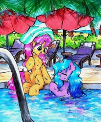 Size: 1756x2136 | Tagged: safe, artist:liaaqila, izzy moonbow, sunny starscout, earth pony, pony, unicorn, g5, beach, beach umbrella, chest fluff, cute, duo, duo female, ear fluff, eye clipping through hair, eyes closed, female, heatwave, horn, izzybetes, looking at someone, mare, open mouth, outdoors, palm tree, partially submerged, sitting, summer, sunnybetes, swimming, swimming pool, tail, towel, tree, umbrella, water, wet, wet mane