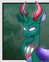 Size: 1164x1472 | Tagged: safe, artist:marsartist, pharynx, changedling, changeling, g4, bust, cute, digital art, eyebrows, floppy ears, folded wings, gem, glowing, glowing eyes, green background, horn, horns, looking at you, male, portrait, prince pharynx, purple eyes, raised eyebrow, raised leg, signature, smiling, smiling at you, smug, solo, thinking, wings