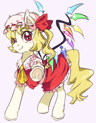 Size: 699x895 | Tagged: safe, artist:serasugee, bat pony, pony, undead, vampire, blonde hair, clothes, ear fluff, female, filly, flandre scarlet, foal, frog (hoof), hat, looking at you, pointing, pointing at you, ponified, red eyes, skirt, slit pupils, solo, touhou, underhoof