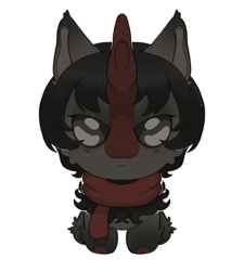 Size: 2094x2326 | Tagged: safe, artist:kaijulii, oc, oc only, hybrid, kirin, pony, black fur, black hair, black mane, chibi, clothes, commission, cute, ear fluff, female, fluffy, gray eyes, hybrid oc, red scarf, scarf, shiny eyes, short mane, simple background, solo, transparent background, ych result