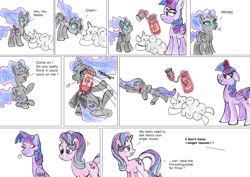 Size: 1800x1273 | Tagged: safe, artist:fleximusprime, daybreaker, nightmare moon, starlight glimmer, twilight sparkle, alicorn, pony, unicorn, g4, broken teeth, fire extinguisher, foal, horn, levitation, magic, onomatopoeia, raspberry, raspberry noise, rekt, simple background, telekinesis, twilight sparkle (alicorn), unconscious, violence, white background, x eyes