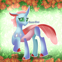 Size: 2924x2924 | Tagged: safe, artist:cookie-ruby, ocellus, changedling, changeling, g4, concave belly, cute, diaocelles, digital art, ethereal mane, fanart, female, floppy ears, folded wings, forest, grass, green eyes, high res, horn, leaves, looking at you, nature, raised hoof, shy, smiling, smiling at you, solo, starry mane, starry tail, tail, tree, wings