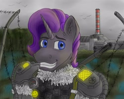 Size: 2560x2048 | Tagged: safe, artist:coffee_caramel, oc, oc:farman royce, unicorn, barbed wire, blue eyes, body armor, chernobyl nuclear power plant, exoskeleton, forest, geiger counter, gray skin, grey sky, gun, horn, male, nature, overcast, purple mane, rifle, sky, smiling, sniper rifle, solo, stalcraft, stalker, stallion, swamp, tree, weapon