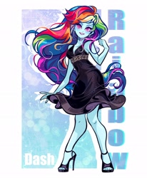 Size: 1686x2048 | Tagged: safe, artist:libbly_libby, rainbow dash, human, equestria girls, g4, bare shoulders, beautiful wet black dress, black dress, clothes, commission, commissioner:ajnrules, dress, female, grin, high heels, little black dress, long hair, rainbow dash always dresses in style, shoes, sleeveless, smiling, solo