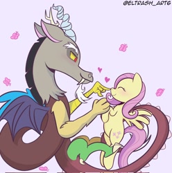 Size: 2028x2048 | Tagged: safe, artist:eltrash_art6, discord, fluttershy, draconequus, pegasus, pony, g4, beard, blushing, boop, cute, duo, duo male and female, eyes closed, facial hair, fangs, female, flying, heart, male, mare, ship:discoshy, shipping, shyabetes, straight