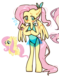 Size: 1407x1797 | Tagged: safe, artist:azaani, fluttershy, pegasus, pony, anthro, unguligrade anthro, g4, alternate hairstyle, arm hooves, blush lines, blushing, clothes, cute, female, hooves together, mare, one-piece swimsuit, see-through, shyabetes, simple background, skirt, solo, swimsuit, white background