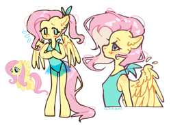 Size: 2544x1860 | Tagged: safe, artist:azaani, fluttershy, pegasus, pony, anthro, unguligrade anthro, g4, alternate hairstyle, arm hooves, blush lines, blush scribble, blushing, clothes, cute, emanata, female, green swimsuit, hooves together, mare, one-piece swimsuit, plewds, shyabetes, simple background, solo, swimsuit, white background