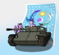 Size: 1772x1643 | Tagged: source needed, safe, artist:lovelypony., starlight glimmer, twilight sparkle, alicorn, g4, duo, duo female, female, flag of equestria, gradient background, grin, gun, leopard 1, machine gun, riding, smiling, spread wings, tank (vehicle), twilight sparkle (alicorn), weapon, wings