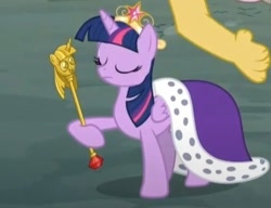 Size: 934x716 | Tagged: safe, screencap, discord, twilight sparkle, alicorn, pony, g4, princess twilight sparkle (episode), big crown thingy, clothes, cropped, duo, duo male and female, element of magic, eyes closed, female, jewelry, male, meme, regalia, robe, scepter, twilight scepter, twilight sparkle (alicorn)