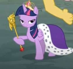 Size: 849x796 | Tagged: safe, screencap, discord, twilight sparkle, alicorn, pony, g4, princess twilight sparkle (episode), big crown thingy, clothes, cropped, duo, duo male and female, element of magic, female, great moments in animation, jewelry, lidded eyes, male, meme, regalia, robe, scepter, smiling, twilight scepter, twilight sparkle (alicorn)