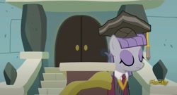 Size: 1994x1079 | Tagged: safe, screencap, maud pie, earth pony, pony, g4, rock solid friendship, clothes, door, eyes closed, female, formal wear, graduation, graduation cap, hat, mare, maud pie's tie, necktie, podium, rocktorate, solo, stairs, walking