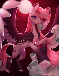 Size: 2566x3300 | Tagged: safe, artist:noemint, oc, oc only, oc:mian-mian, pegasus, pony, female, flying, full moon, heterochromia, mare, moon