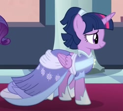 Size: 827x744 | Tagged: safe, screencap, rarity, twilight sparkle, alicorn, pony, g4, the last problem, alternate hairstyle, beautiful, canterlot, canterlot castle, castle, clothes, coronation dress, cropped, dress, elegant, evening, female, gown, mare, offscreen character, regal, sash, second coronation dress, sunset, twilight sparkle (alicorn), walking