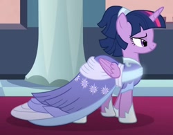 Size: 978x764 | Tagged: safe, screencap, twilight sparkle, alicorn, pony, g4, the last problem, alternate hairstyle, bedroom eyes, canterlot, canterlot castle, clothes, coronation dress, cropped, dress, elegant, evening, female, gown, mare, regal, second coronation dress, sexy, solo, stupid sexy twilight, sunset, twilight sparkle (alicorn), walking